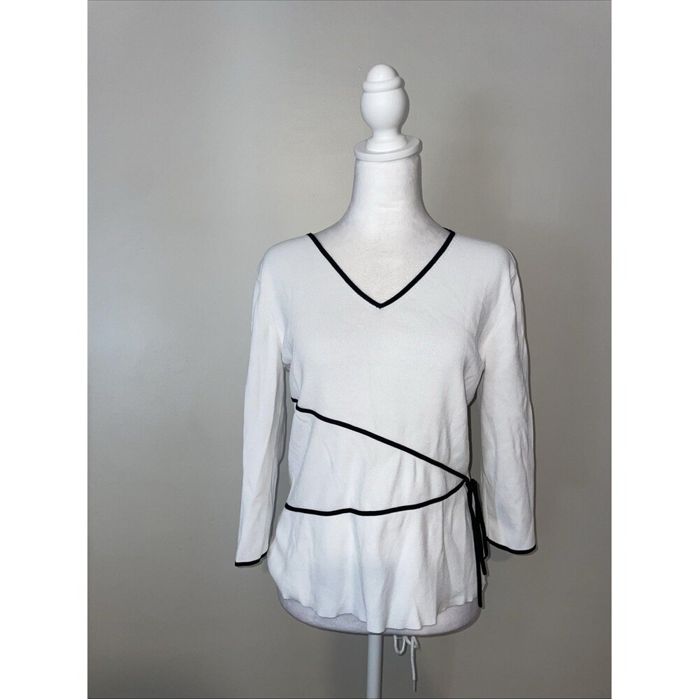 Cable & Gauge White Wrap Sweater L Black Piping V-Neck Office Minimalist Y2K